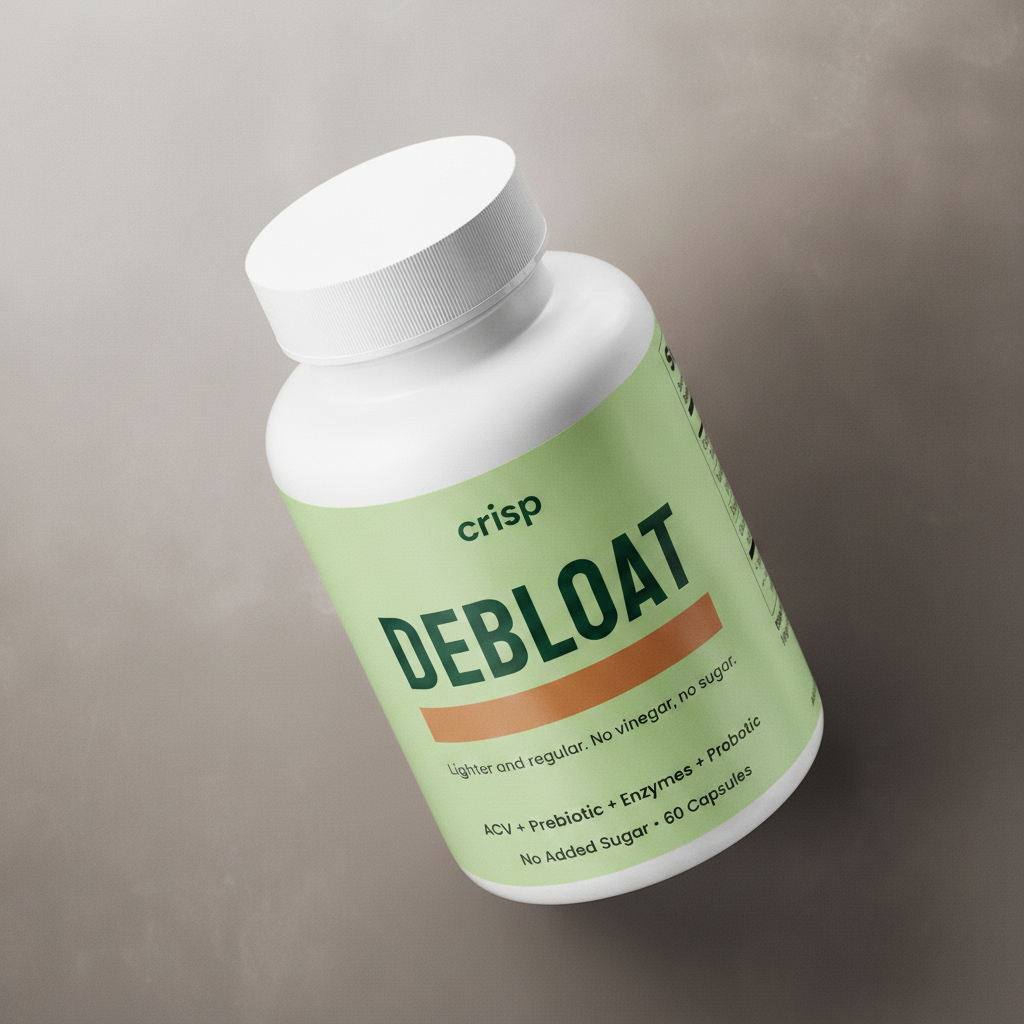 Crisp Debloat bottle: ACV plus prebiotic, enzymes and probiotic, no added sugar, 60 capsules